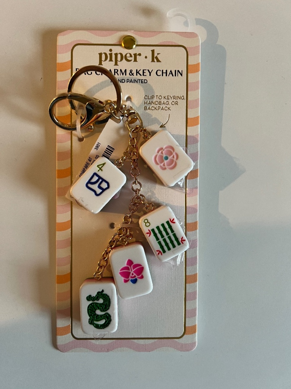 NWT Piper·K Hand-Painted Mahjong Tile Dangle Bag Charm & Key Chain